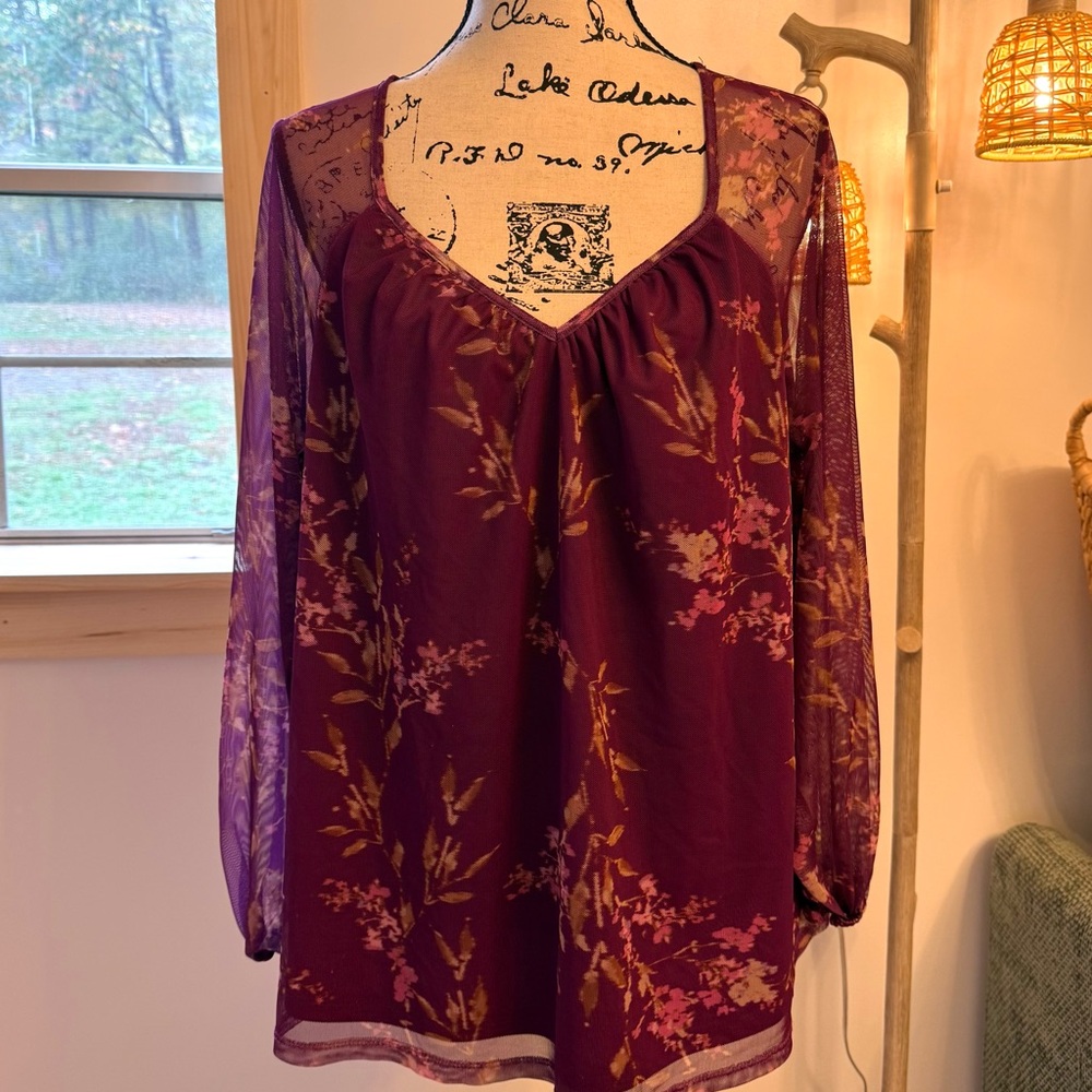 Flowy Mesh Bishop Sleeve Purple Floral Women's Top